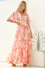 Jasmin Maxi Dress - V Neck Tiered A Line Dress with Butterfly Sleeves in Liana Print