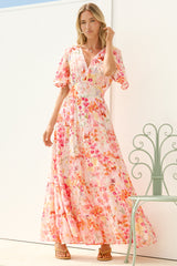 Jasmin Maxi Dress - V Neck Tiered A Line Dress with Butterfly Sleeves in Liana Print