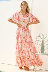 Jasmin Maxi Dress - V Neck Tiered A Line Dress with Butterfly Sleeves in Liana Print