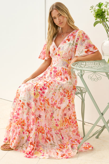 Jasmin Maxi Dress - V Neck Tiered A Line Dress with Butterfly Sleeves in Liana Print