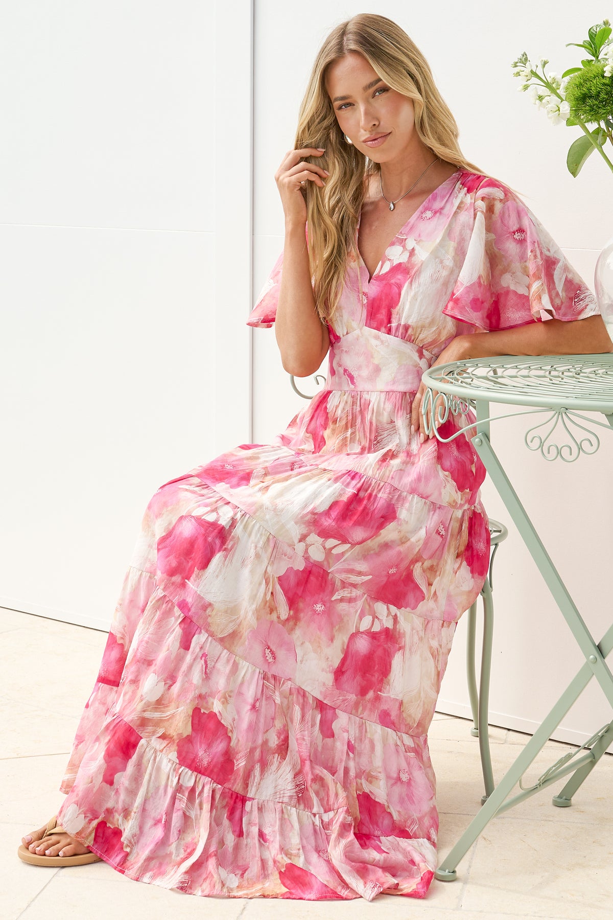 Jasmin Maxi Dress - V Neck Tiered A Line Dress with Flutter Sleeves in Avelina Print Pink
