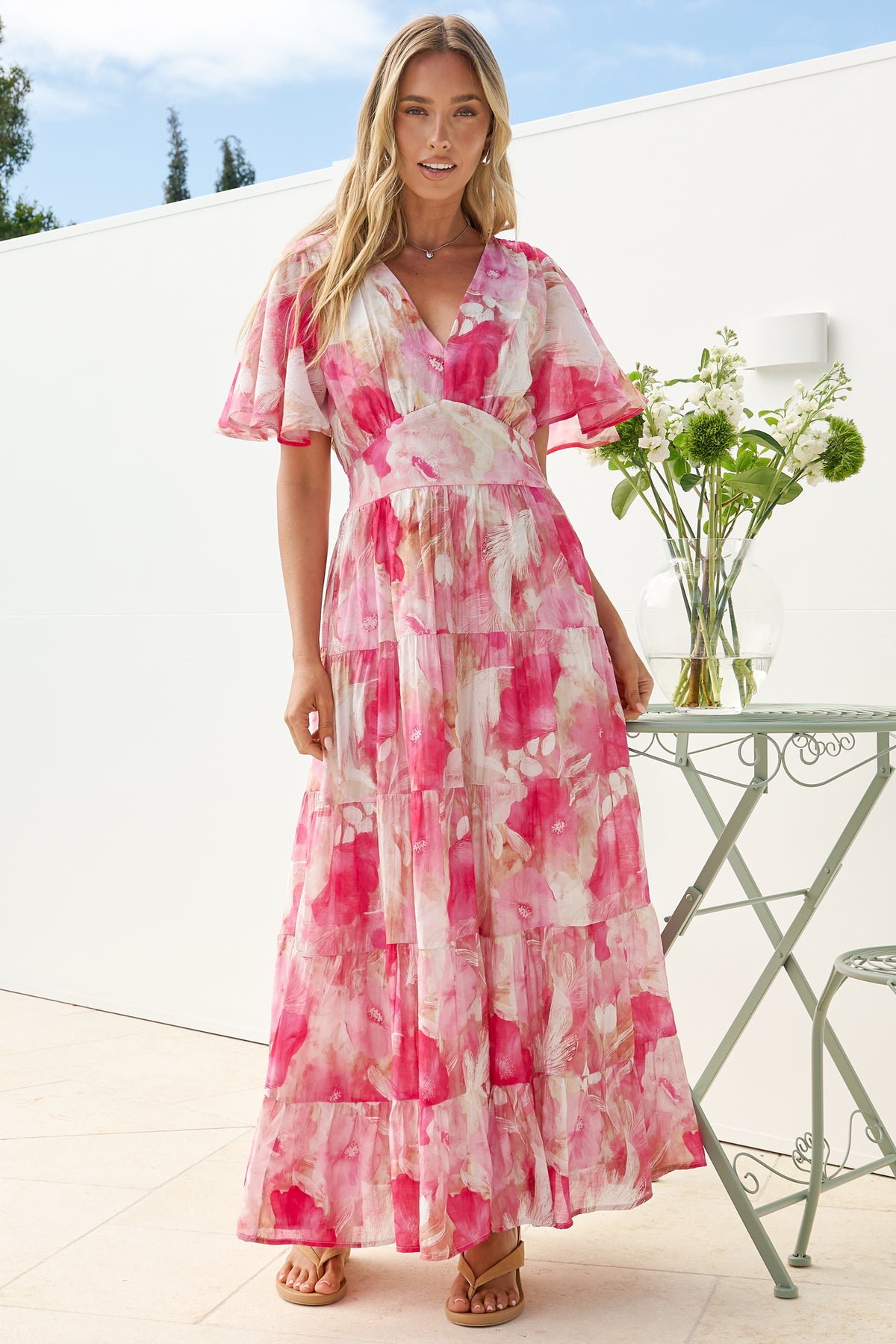 Jasmin Maxi Dress - V Neck Tiered A Line Dress with Flutter Sleeves in Avelina Print Pink