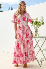 Jasmin Maxi Dress - V Neck Tiered A Line Dress with Flutter Sleeves in Avelina Print Pink