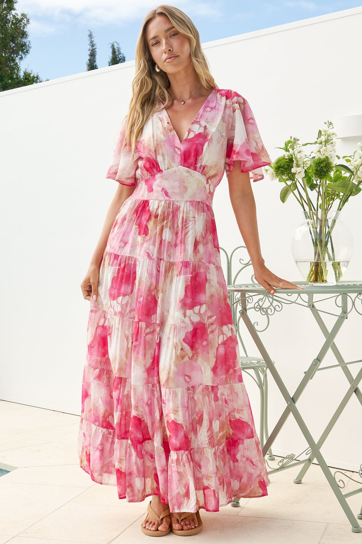Jasmin Maxi Dress - V Neck Tiered A Line Dress with Flutter Sleeves in Avelina Print Pink