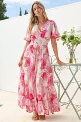 Jasmin Maxi Dress - V Neck Tiered A Line Dress with Flutter Sleeves in Avelina Print Pink