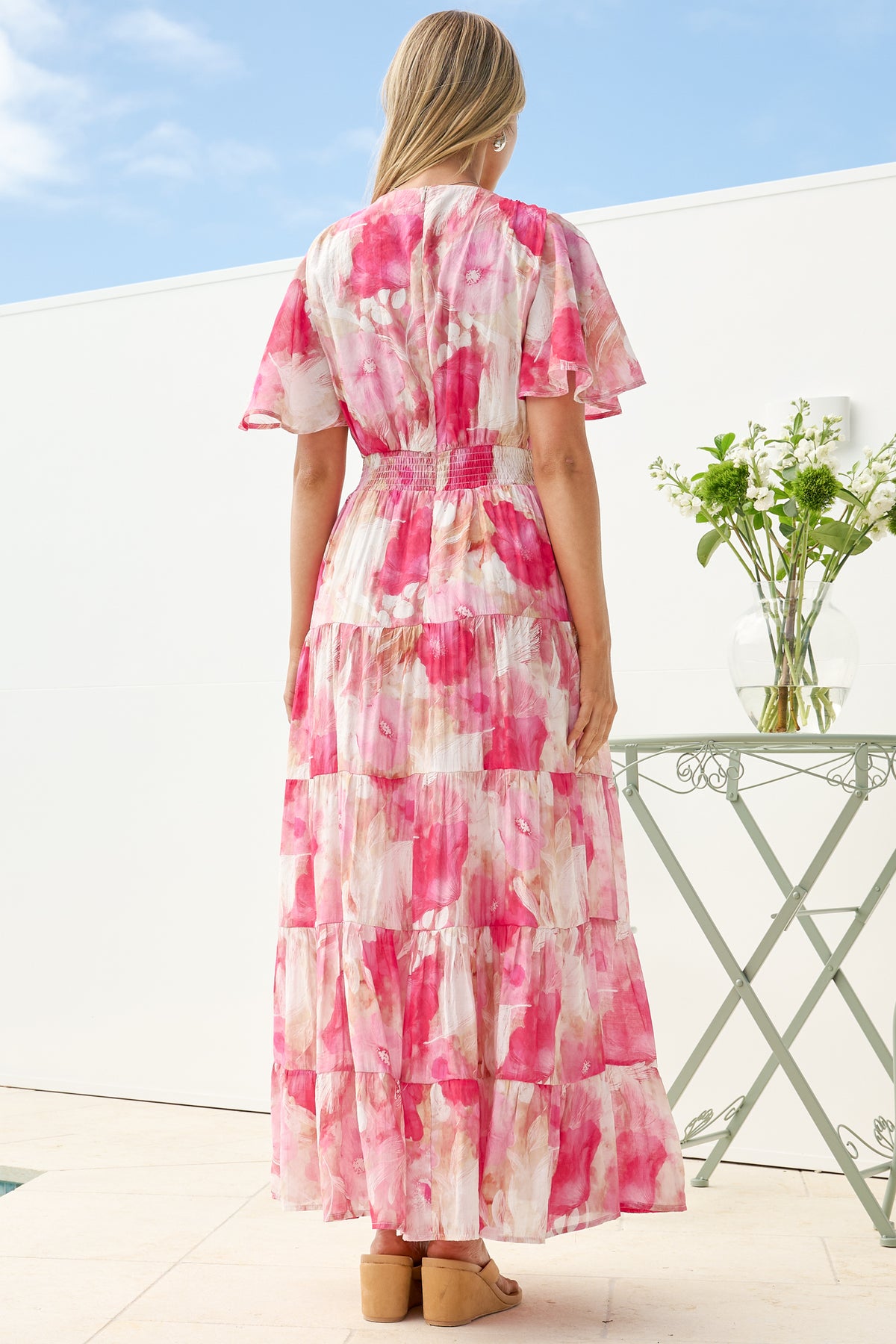 Jasmin Maxi Dress - V Neck Tiered A Line Dress with Flutter Sleeves in Avelina Print Pink