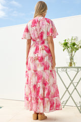 Jasmin Maxi Dress - V Neck Tiered A Line Dress with Flutter Sleeves in Avelina Print Pink