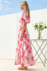 Jasmin Maxi Dress - V Neck Tiered A Line Dress with Flutter Sleeves in Avelina Print Pink