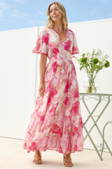 Jasmin Maxi Dress - V Neck Tiered A Line Dress with Flutter Sleeves in Avelina Print Pink