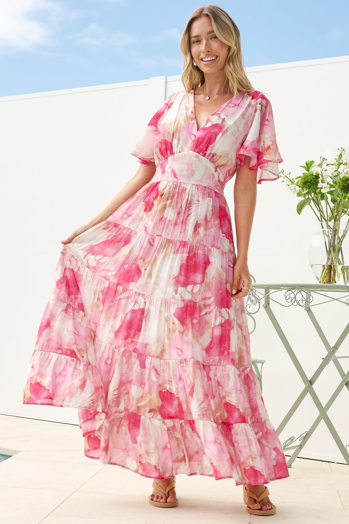 Jasmin Maxi Dress - V Neck Tiered A Line Dress with Flutter Sleeves in Avelina Print Pink