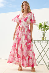 Jasmin Maxi Dress - V Neck Tiered A Line Dress with Flutter Sleeves in Avelina Print Pink