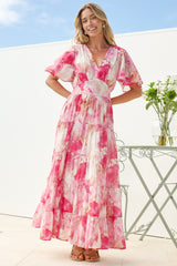 Jasmin Maxi Dress - V Neck Tiered A Line Dress with Flutter Sleeves in Avelina Print Pink