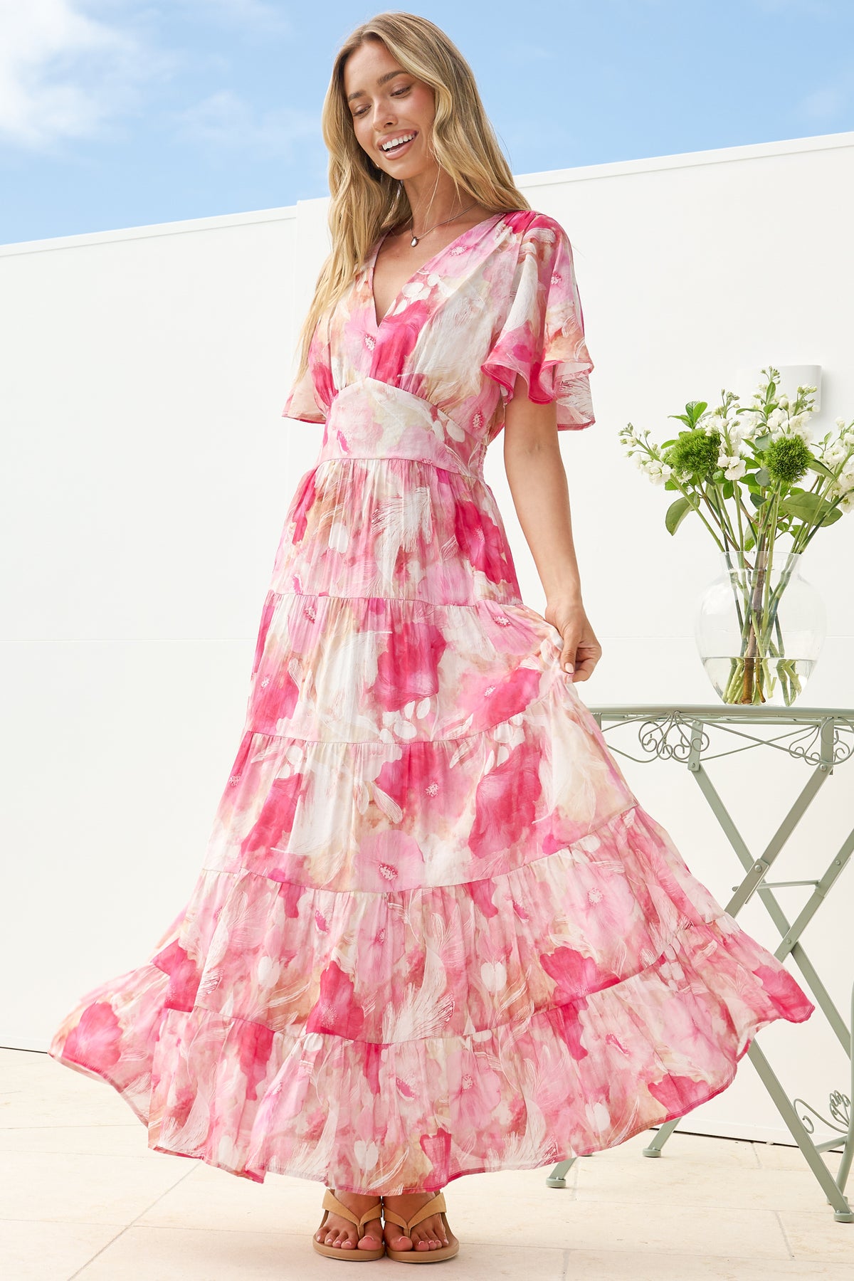 Jasmin Maxi Dress - V Neck Tiered A Line Dress with Flutter Sleeves in Avelina Print Pink