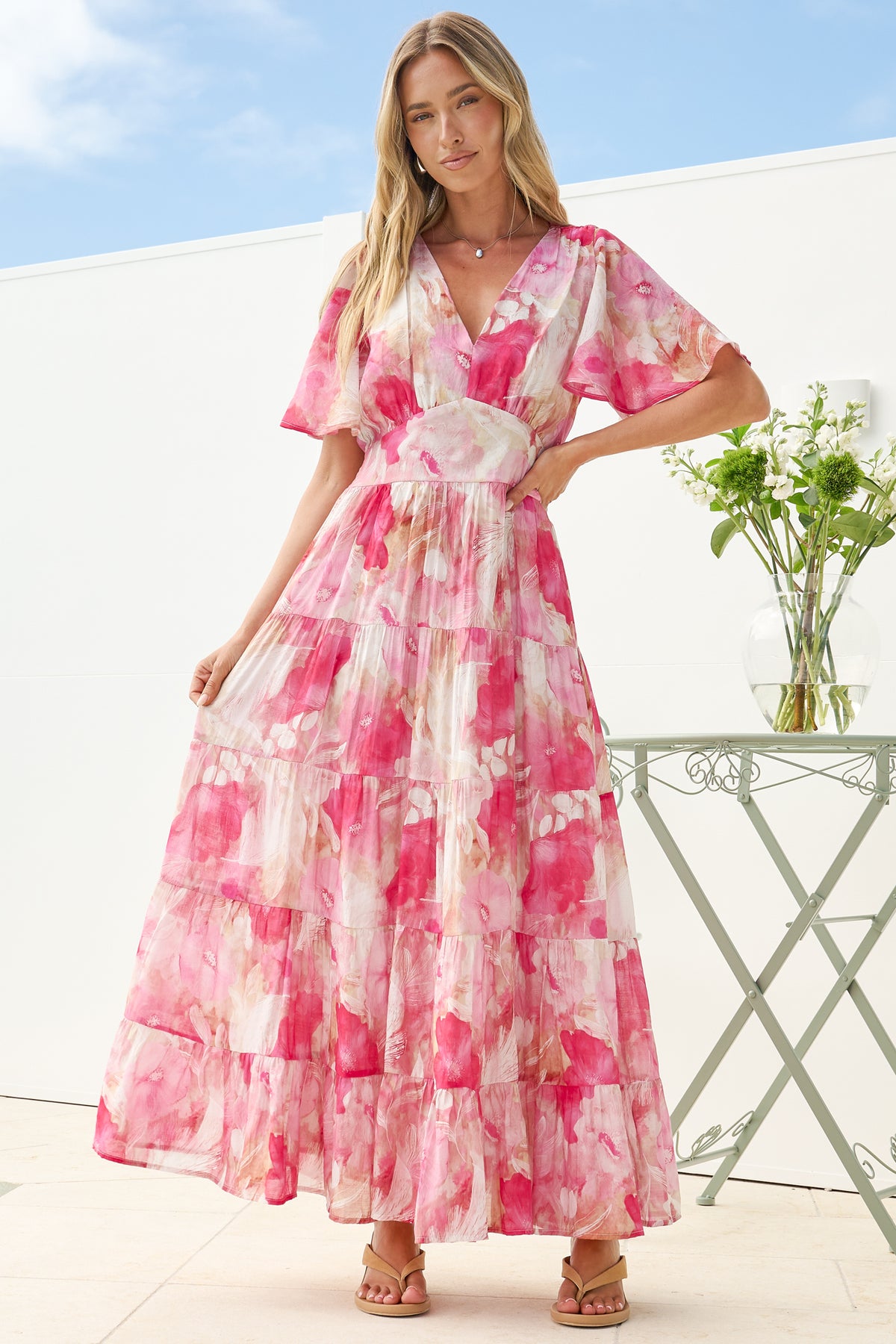 Jasmin Maxi Dress - V Neck Tiered A Line Dress with Flutter Sleeves in Avelina Print Pink