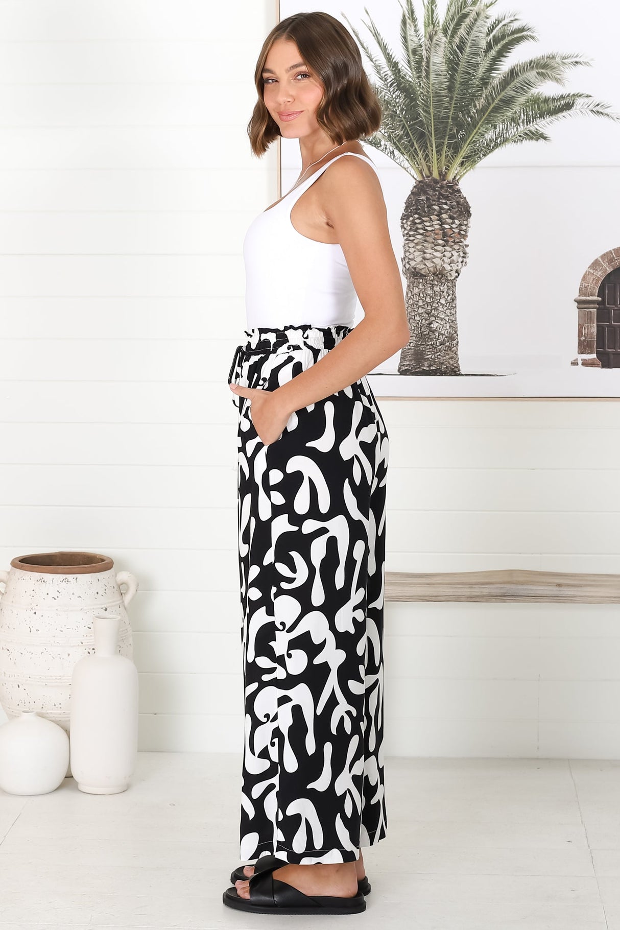 Jaxie Pants - Elasticated Paperbag Waist with Drawstring Wide Leg Pants with Pockets in Black