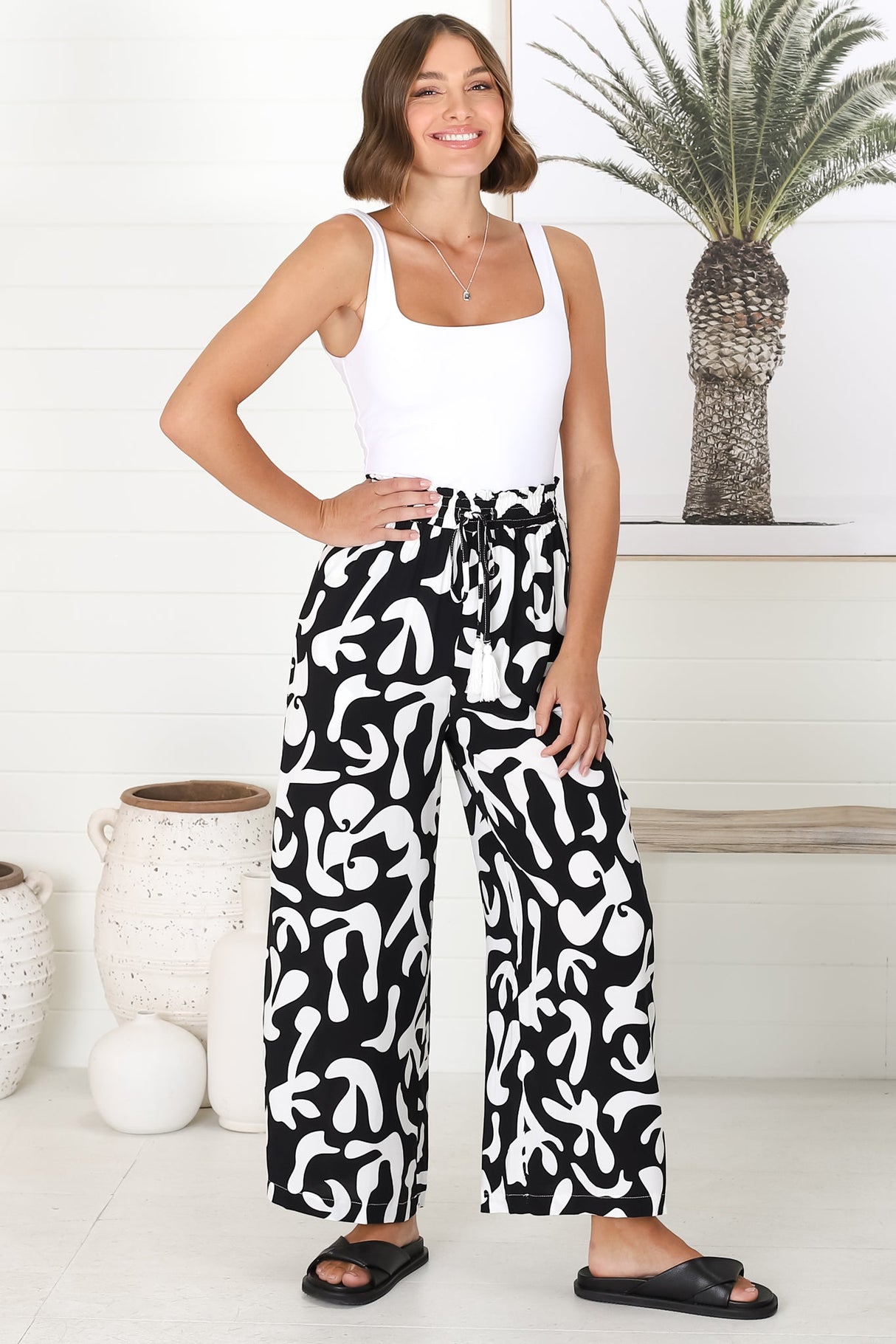 Jaxie Pants - Elasticated Paperbag Waist with Drawstring Wide Leg Pants with Pockets in Black