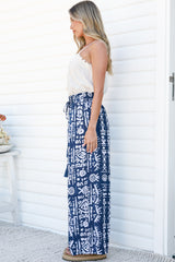 Jaxie Pants - Elasticated Paperbag Waist with Drawstring Wide Leg Pants with Pockets in Hassie Print
