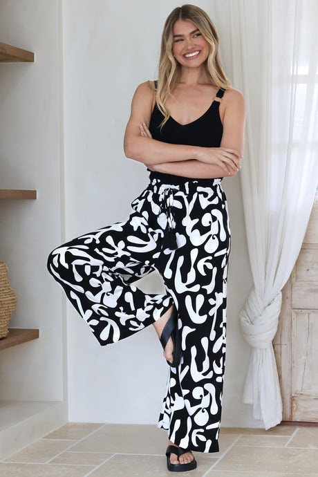 Jaxie Pants - Elasticated Paperbag Waist with Drawstring Wide Leg Pants with Pockets in Black