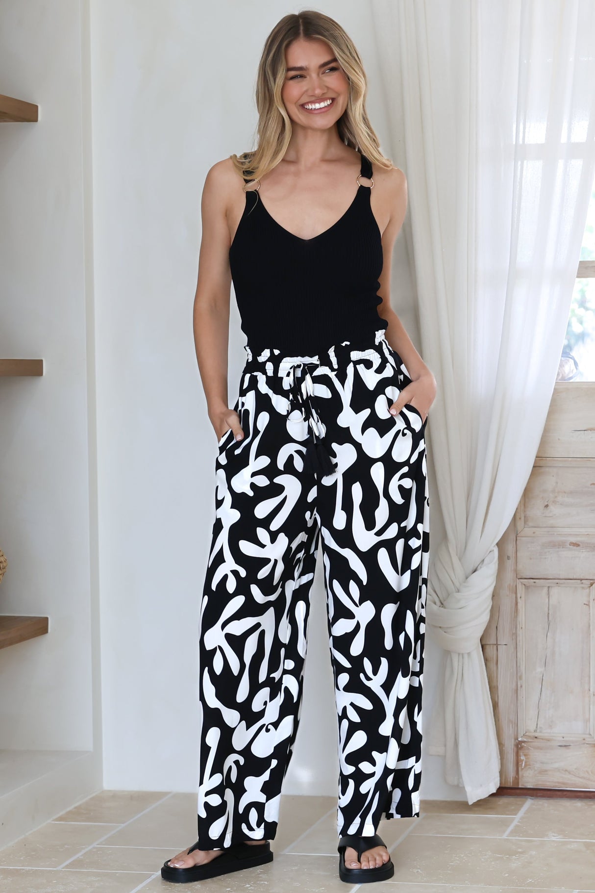 Jaxie Pants - Elasticated Paperbag Waist with Drawstring Wide Leg Pants with Pockets in Black