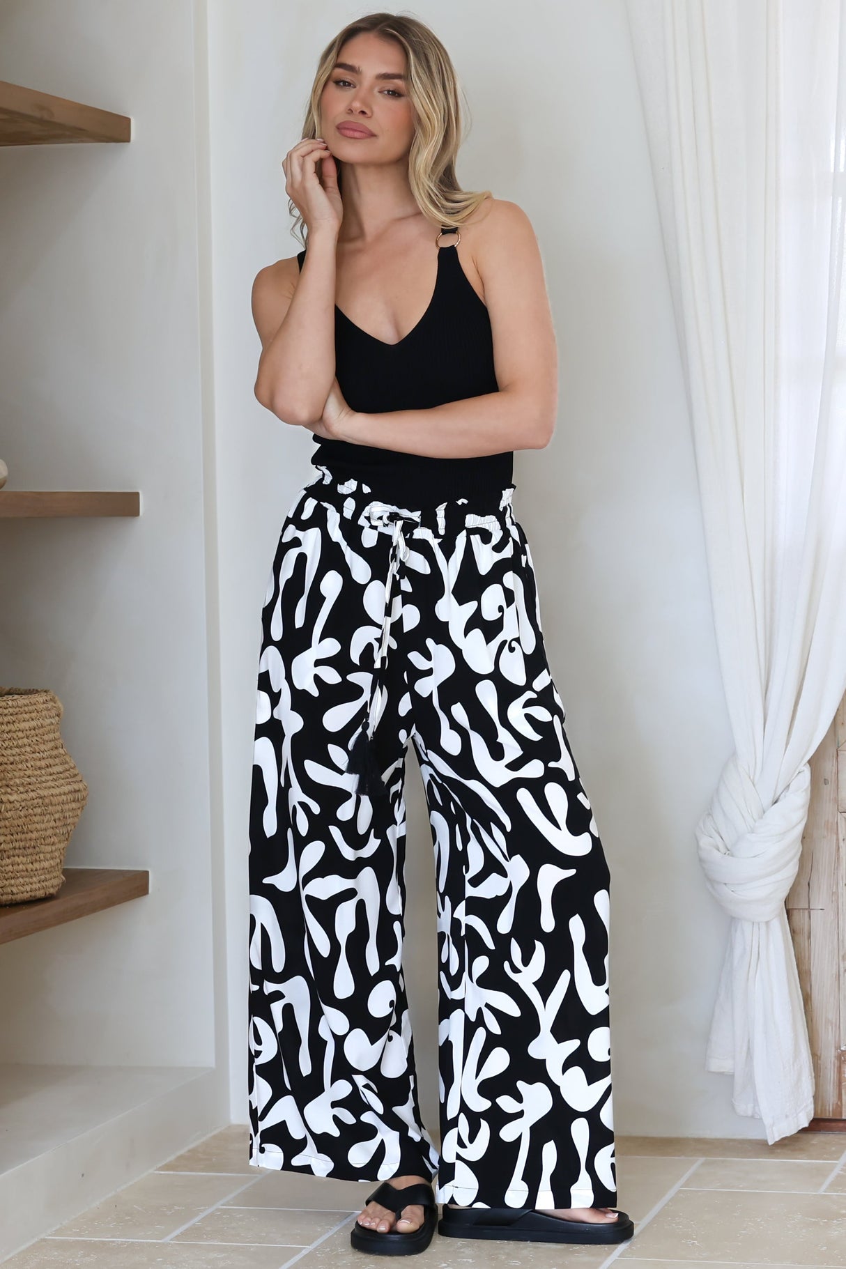 Jaxie Pants - Elasticated Paperbag Waist with Drawstring Wide Leg Pants with Pockets in Black