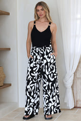 Jaxie Pants - Elasticated Paperbag Waist with Drawstring Wide Leg Pants with Pockets in Black