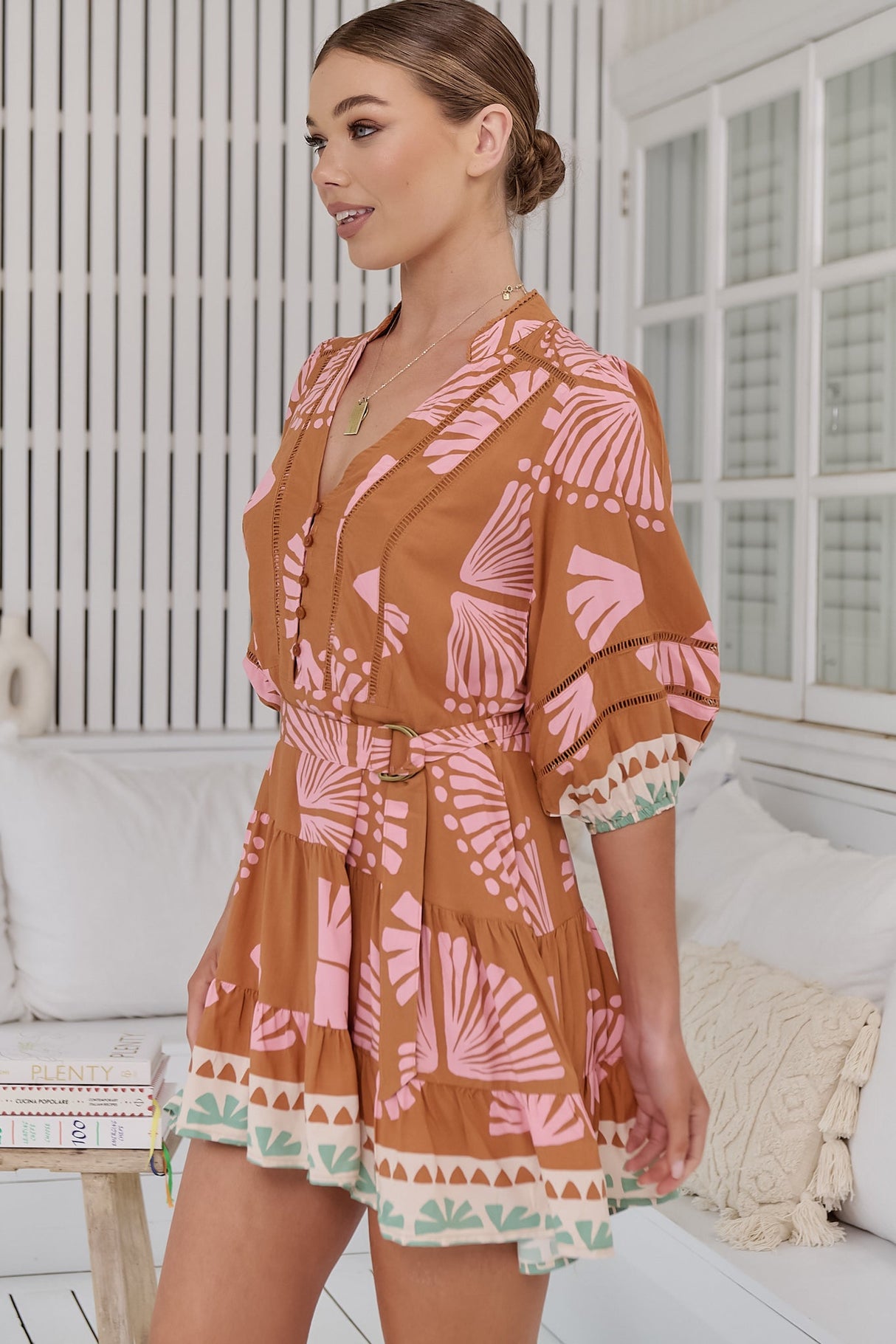 JAASE - Jayde 3/4 Sleeve Mini Dress: A Line Dress with Tiered Skirt and Belt in Suga Print