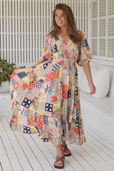 Jayde Maxi Dress - A Line Dress with Tiered Skirt in Daisy Days Print