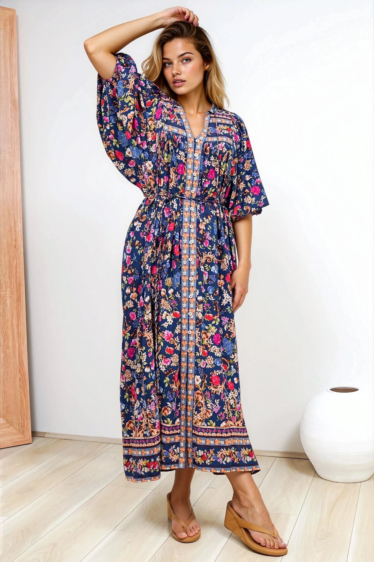 Jayla Midi Dress - Button Down Dress with Belt in Elyce Print