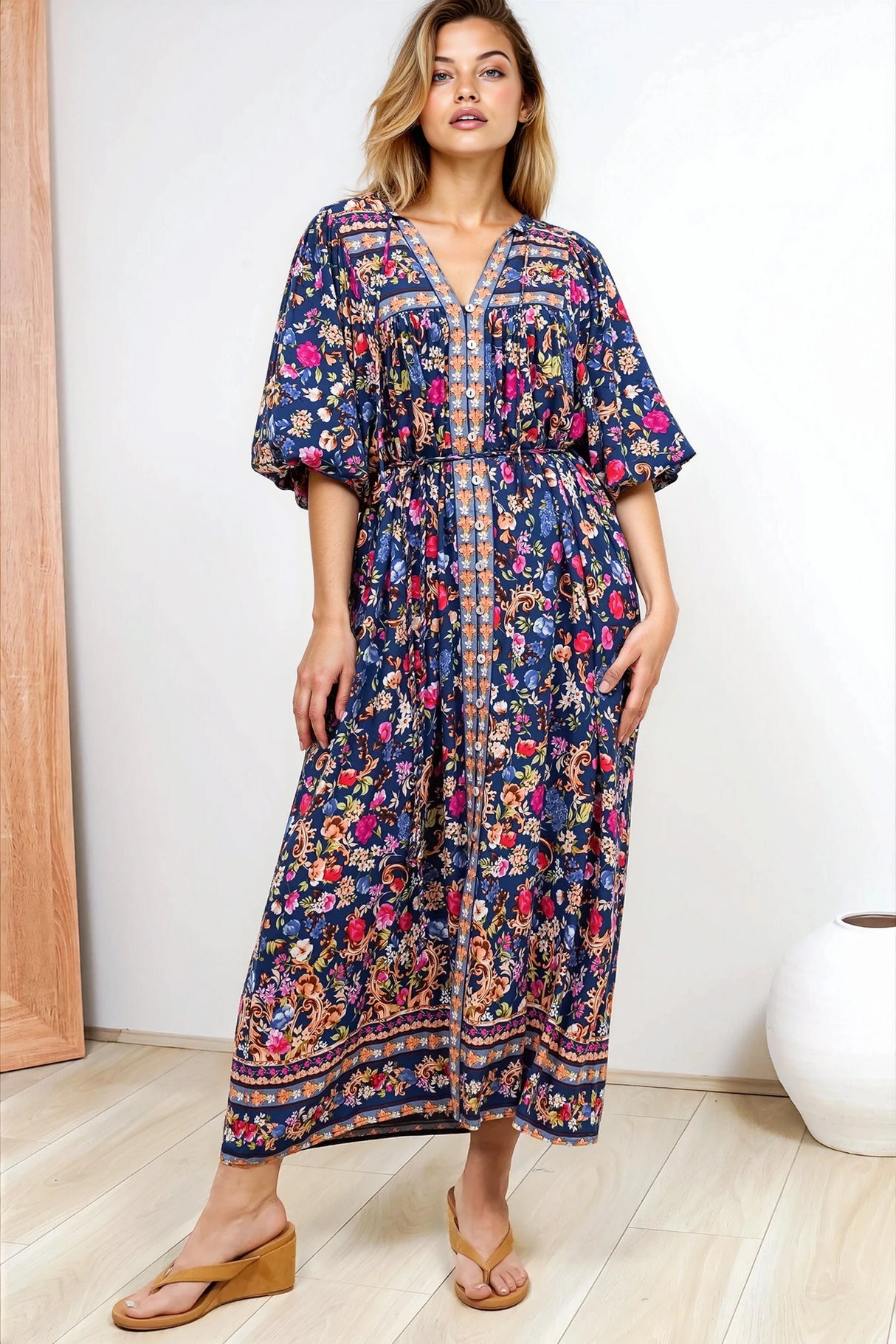 Jayla Midi Dress - Button Down Dress with Belt in Elyce Print