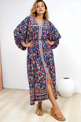 Jayla Midi Dress - Button Down Dress with Belt in Elyce Print