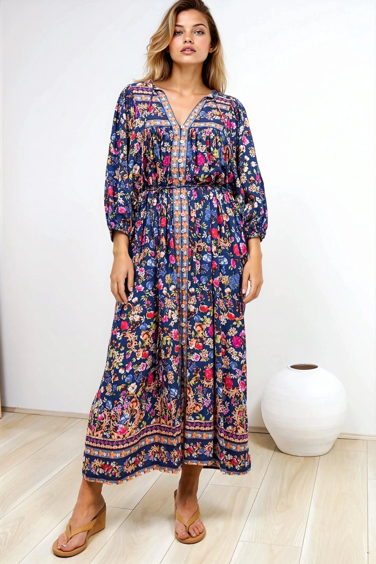 Jayla Midi Dress - Button Down Dress with Belt in Elyce Print