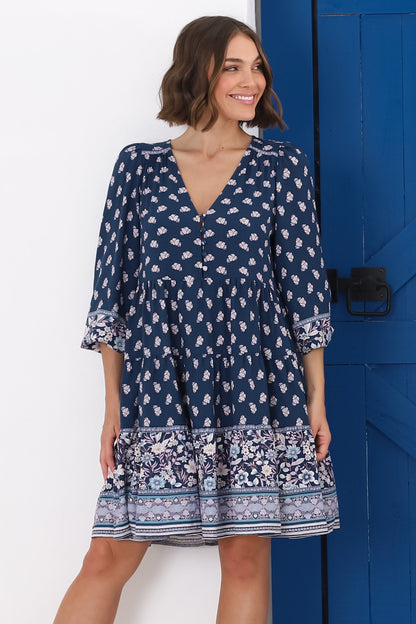 Jaynie Mini Dress - Long Balloon Sleeve Smock Dress in Linnie Print