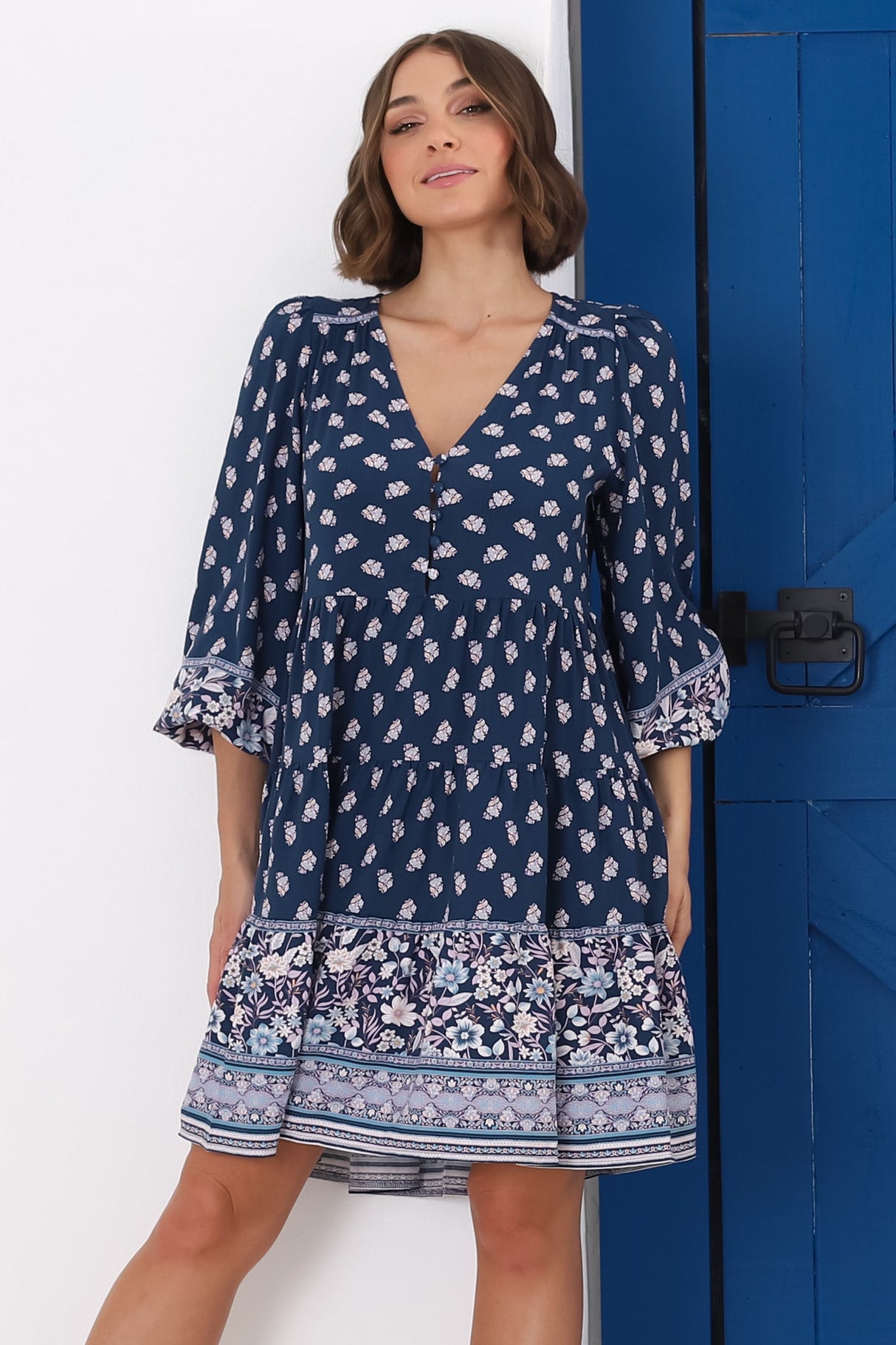 Jaynie Mini Dress - Long Balloon Sleeve Smock Dress in Linnie Print