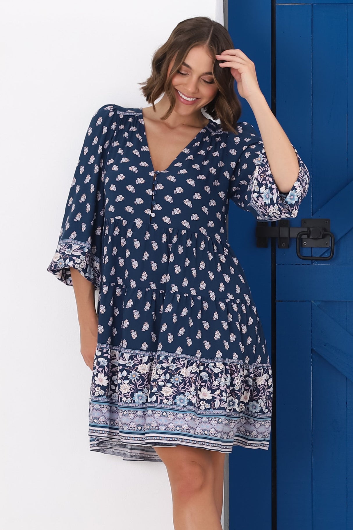 Jaynie Mini Dress - Long Balloon Sleeve Smock Dress in Linnie Print