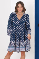 Jaynie Mini Dress - Long Balloon Sleeve Smock Dress in Linnie Print