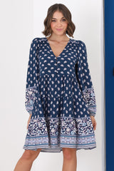 Jaynie Mini Dress - Long Balloon Sleeve Smock Dress in Linnie Print