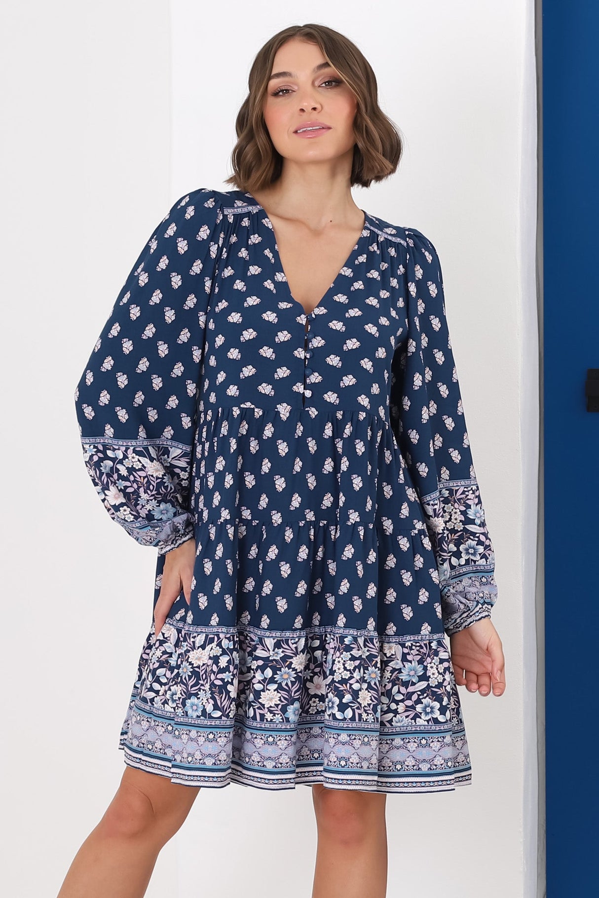 Jaynie Mini Dress - Long Balloon Sleeve Smock Dress in Linnie Print