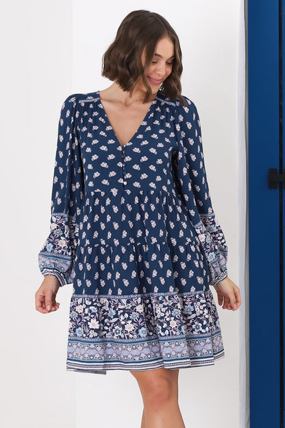 Jaynie Mini Dress - Long Balloon Sleeve Smock Dress in Linnie Print