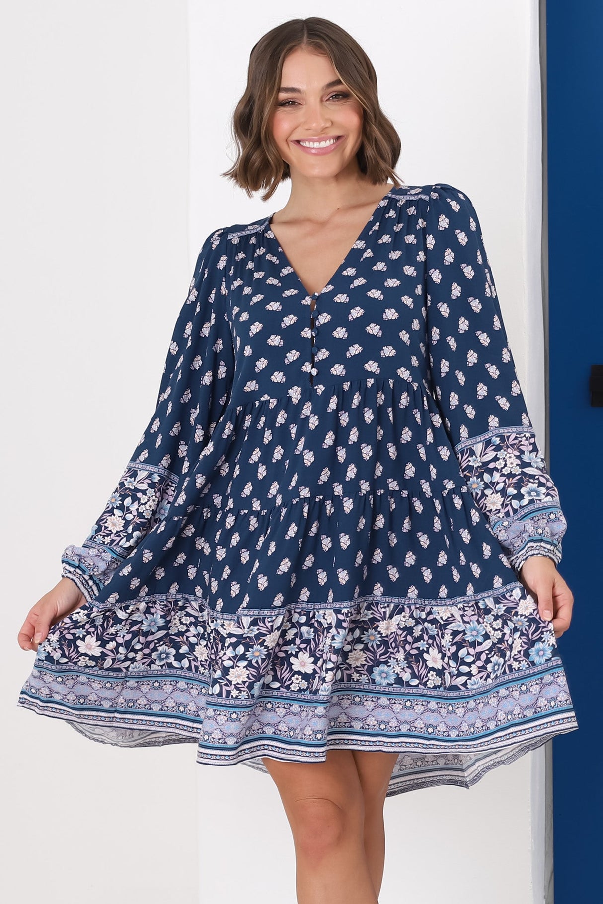 Jaynie Mini Dress - Long Balloon Sleeve Smock Dress in Linnie Print