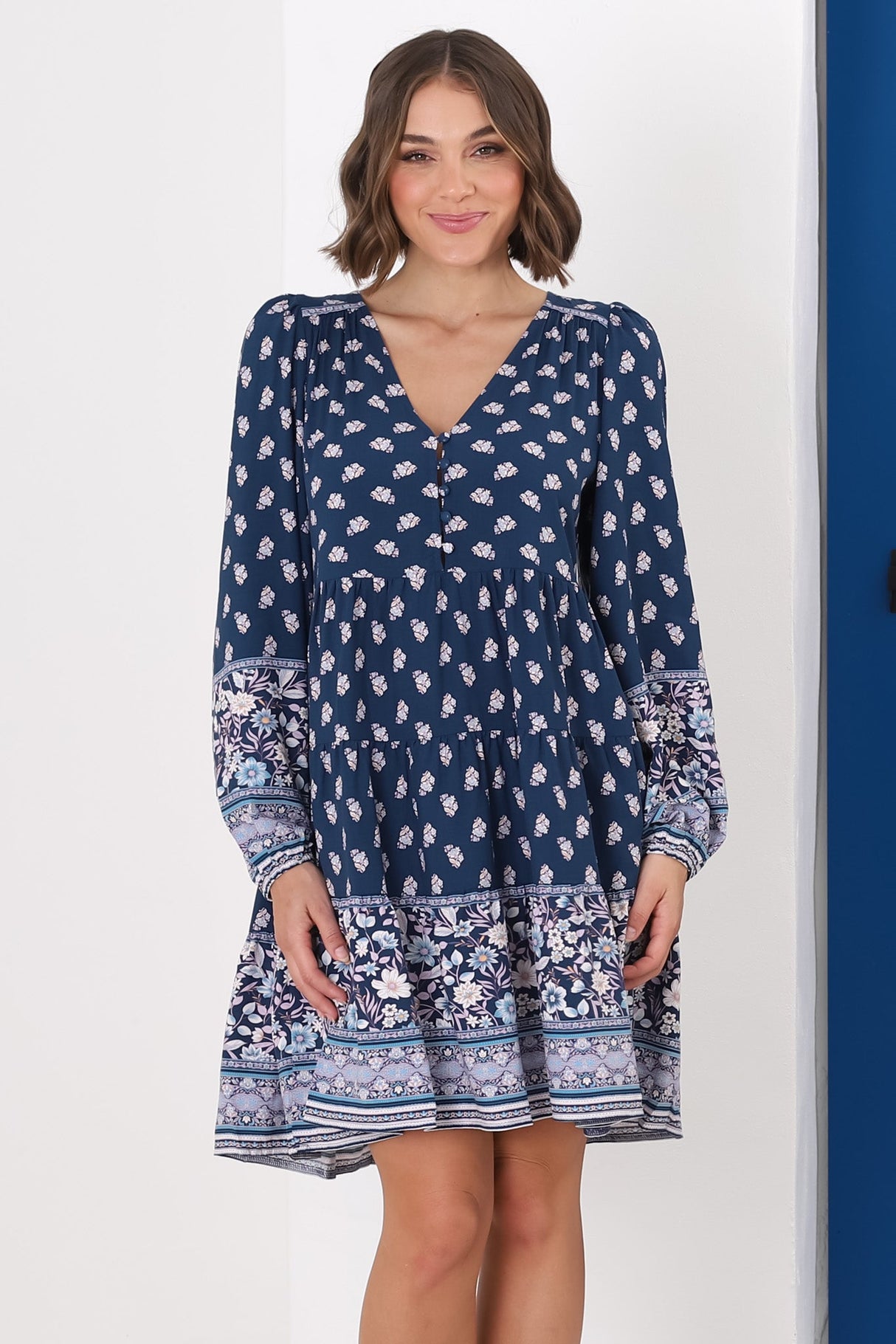 Jaynie Mini Dress - Long Balloon Sleeve Smock Dress in Linnie Print