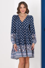 Jaynie Mini Dress - Long Balloon Sleeve Smock Dress in Linnie Print