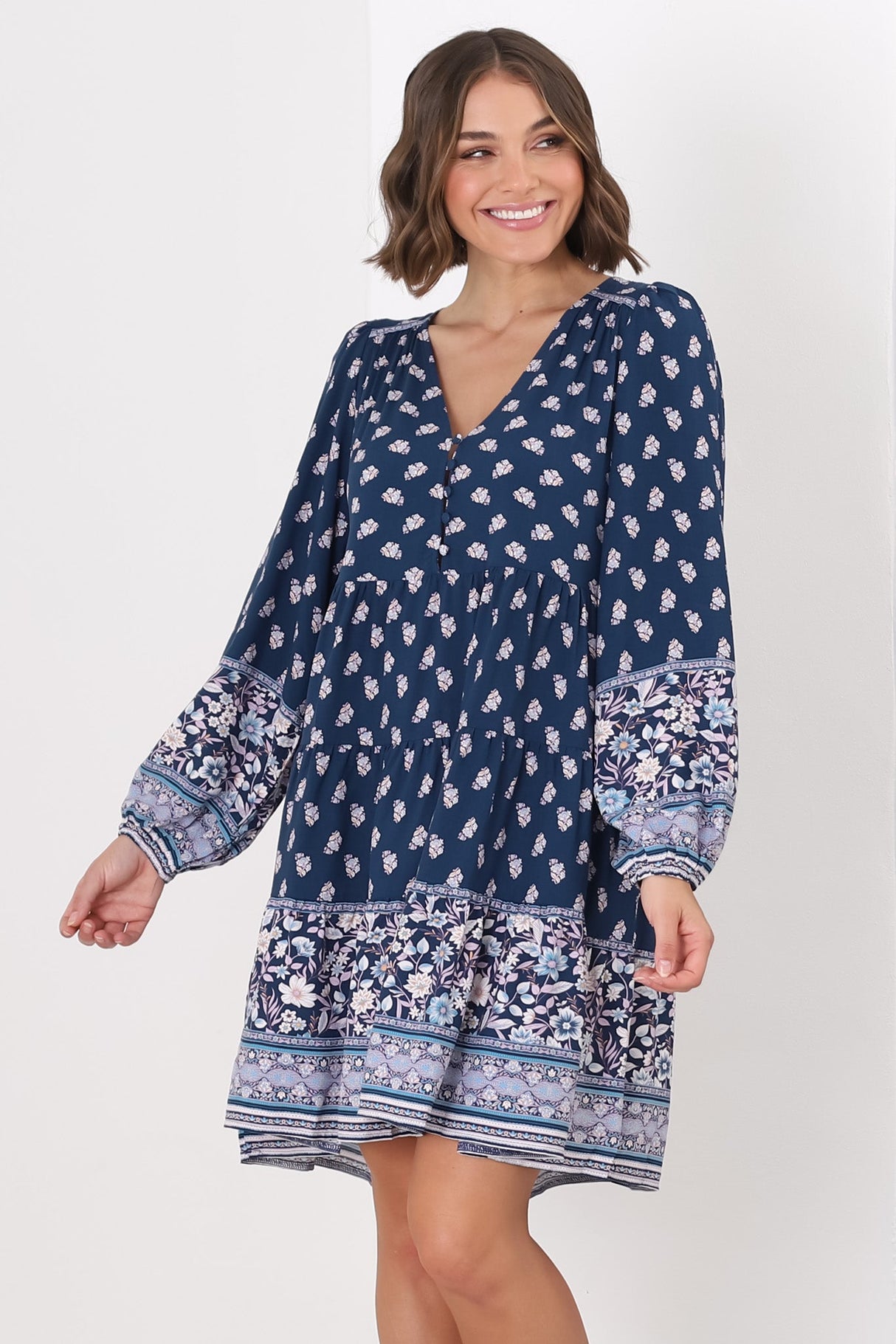 Jaynie Mini Dress - Long Balloon Sleeve Smock Dress in Linnie Print