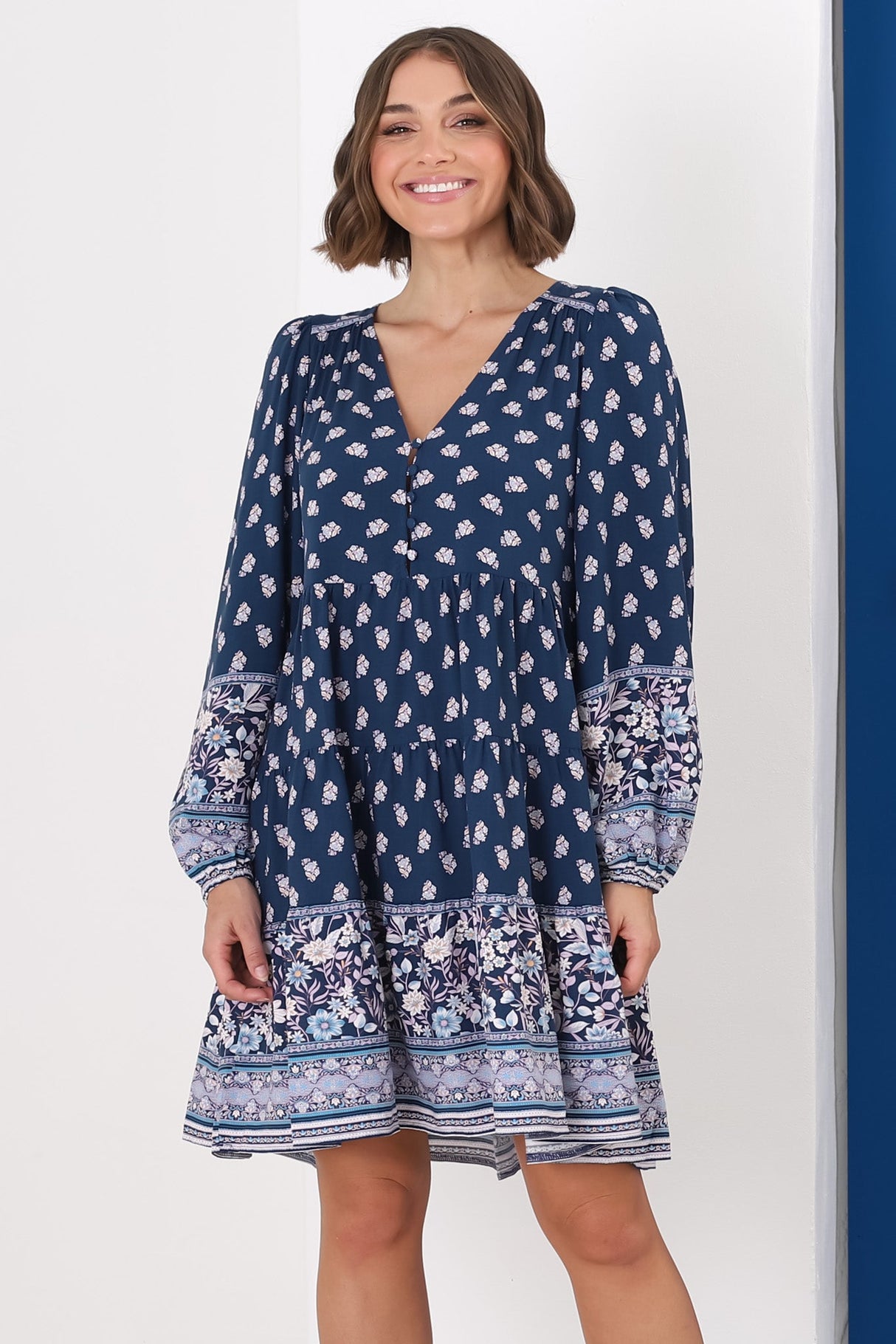 Jaynie Mini Dress - Long Balloon Sleeve Smock Dress in Linnie Print