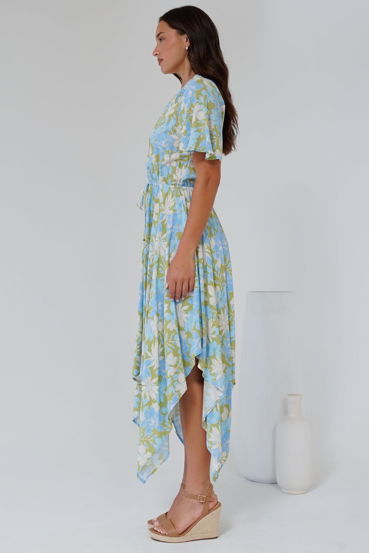 Jefferson Midi Dress - Flutter Sleeve Handkerchief Hem Dress in Laura Print