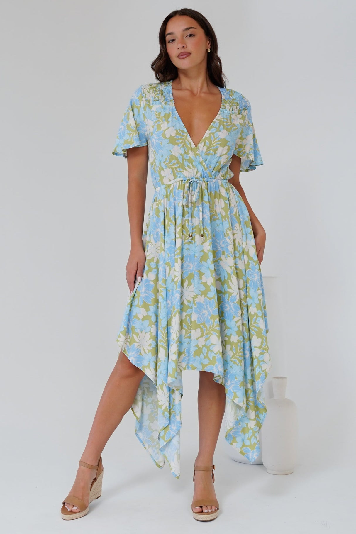 Jefferson Midi Dress - Flutter Sleeve Handkerchief Hem Dress in Laura Print