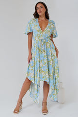 Jefferson Midi Dress - Flutter Sleeve Handkerchief Hem Dress in Laura Print
