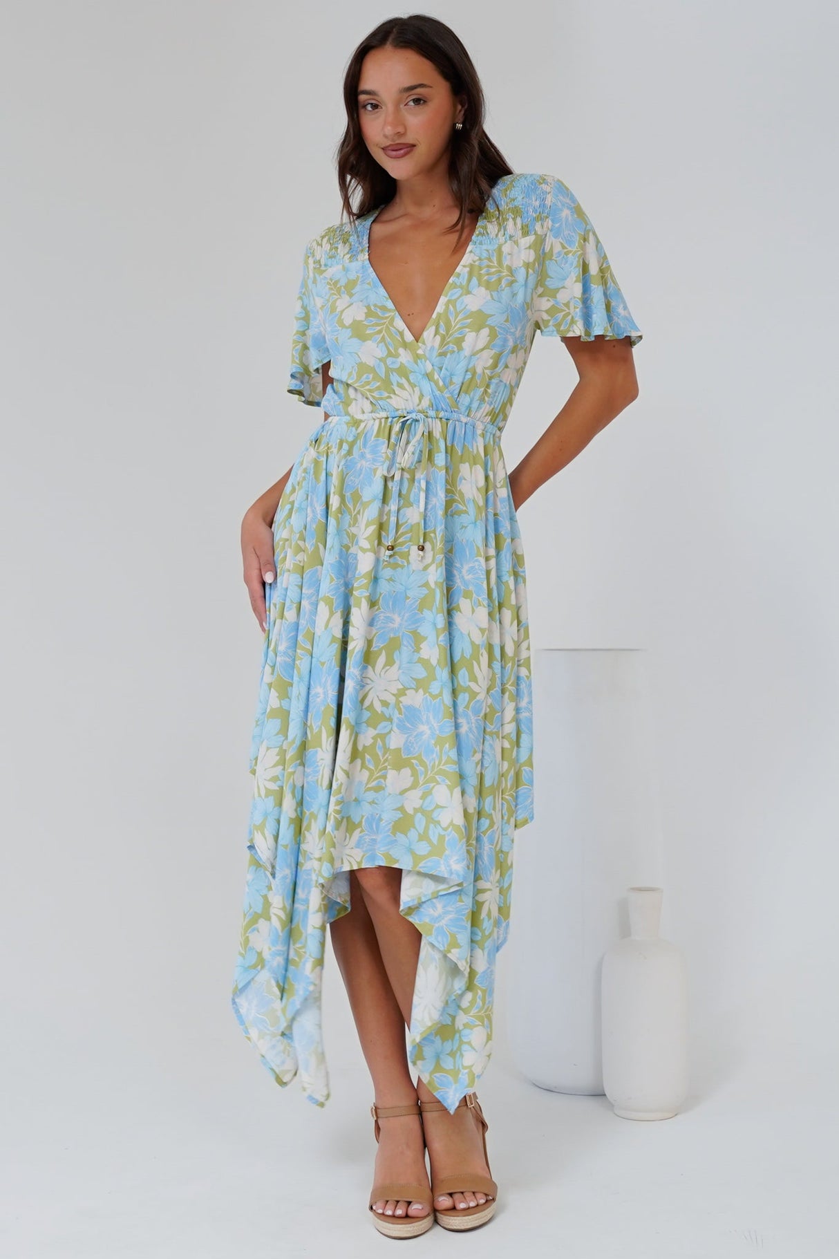 Jefferson Midi Dress - Flutter Sleeve Handkerchief Hem Dress in Laura Print