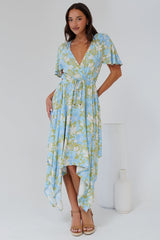 Jefferson Midi Dress - Flutter Sleeve Handkerchief Hem Dress in Laura Print