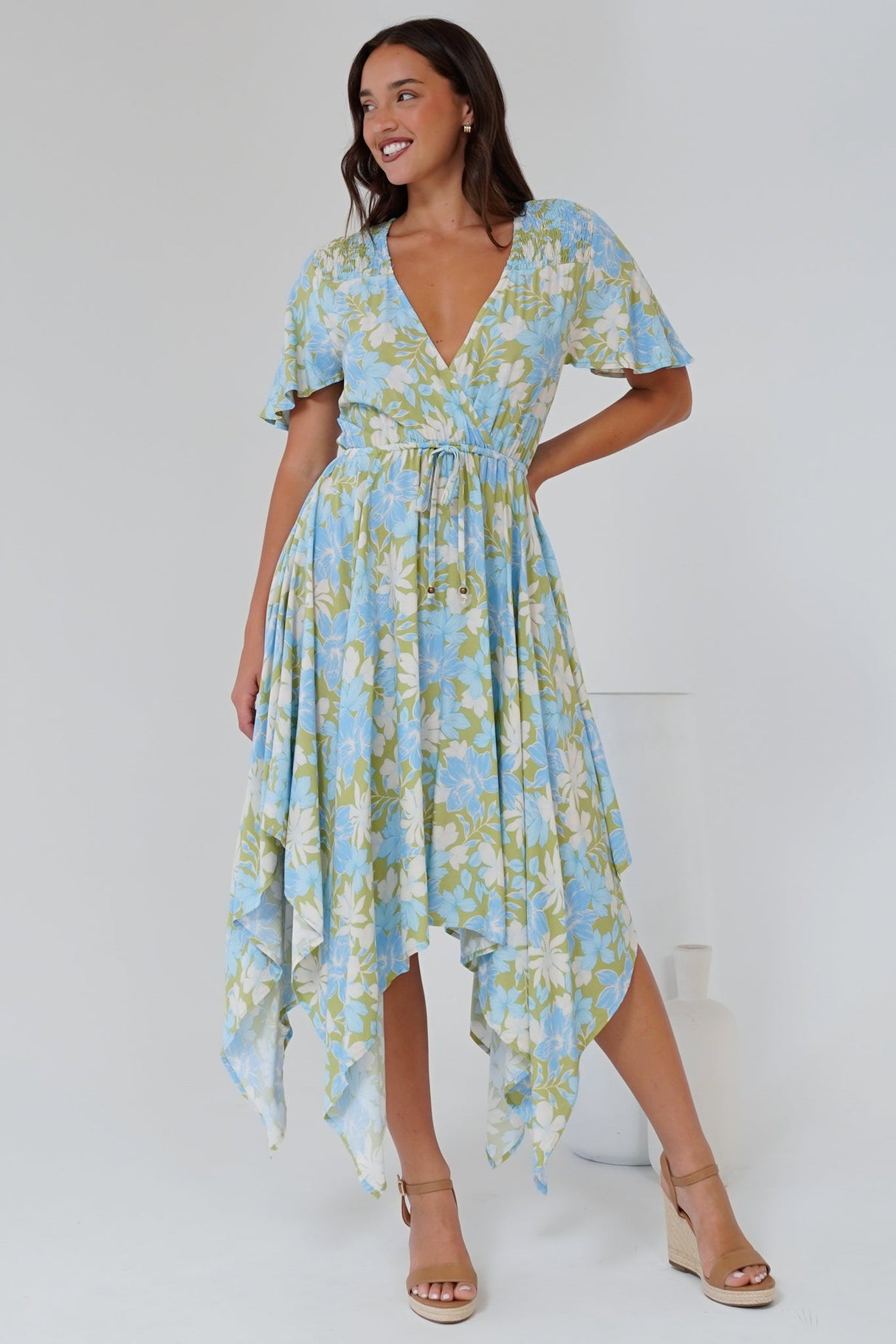 Jefferson Midi Dress - Flutter Sleeve Handkerchief Hem Dress in Laura Print