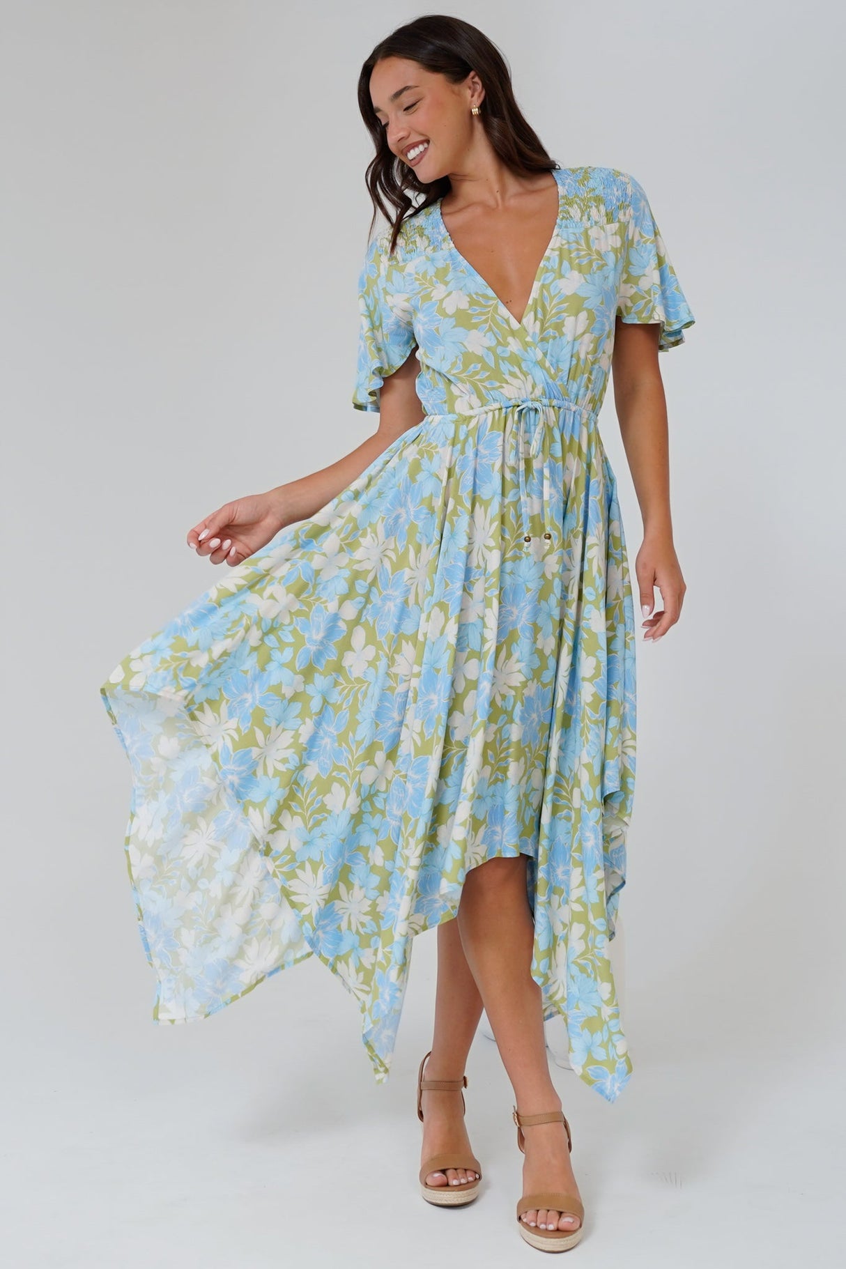 Jefferson Midi Dress - Flutter Sleeve Handkerchief Hem Dress in Laura Print